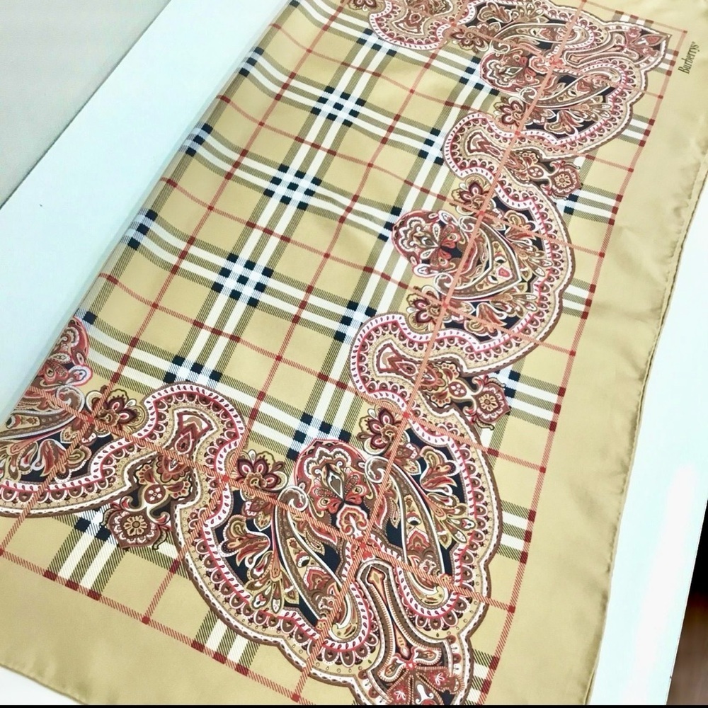 Burberrys Tan and Red Nova Check and Paisley Silk Scarf - Picture 3 of 8